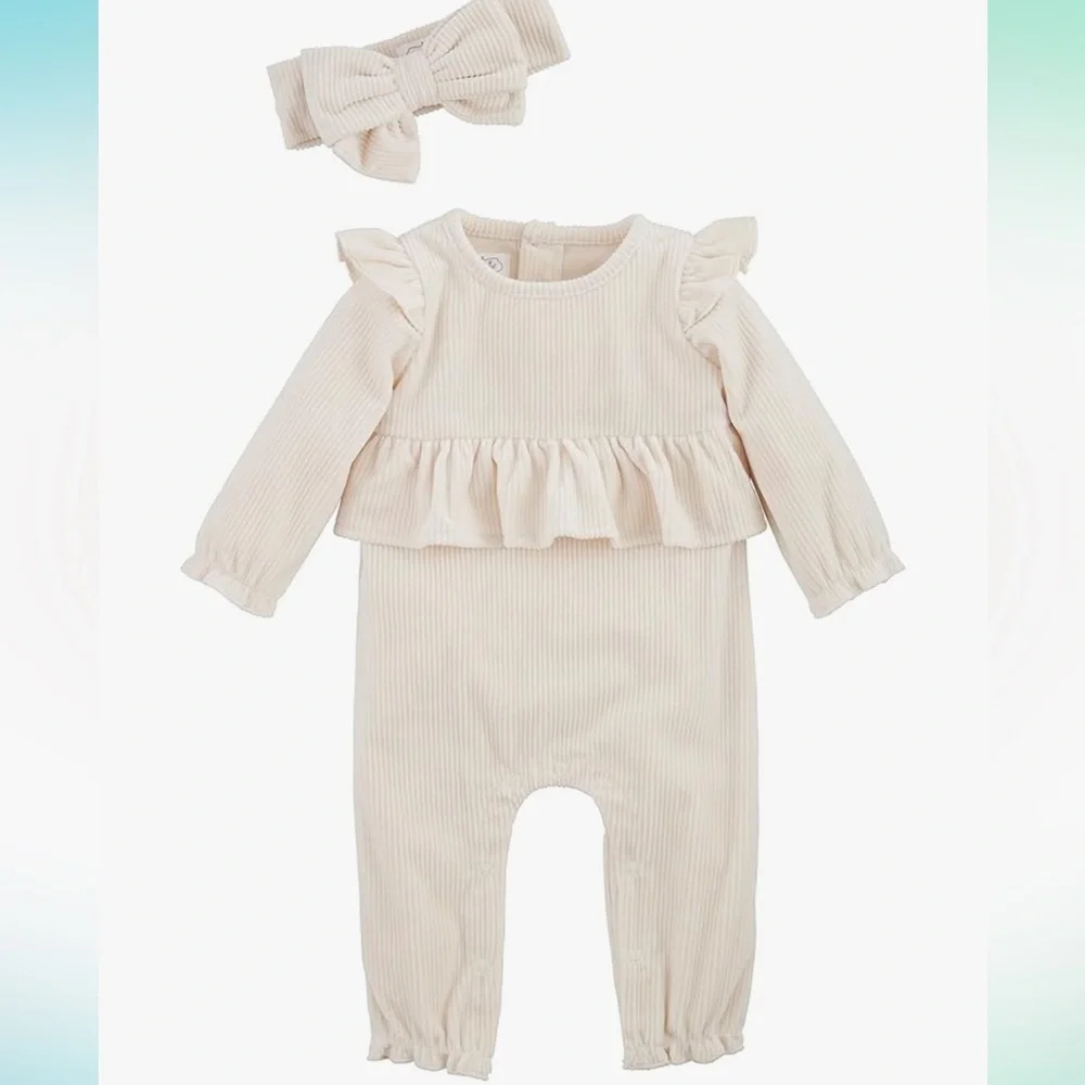 Mud Pie Baby Girl Velour Bodysuit Cream Ruffled Baby Jumpsuit 6-9 Months
